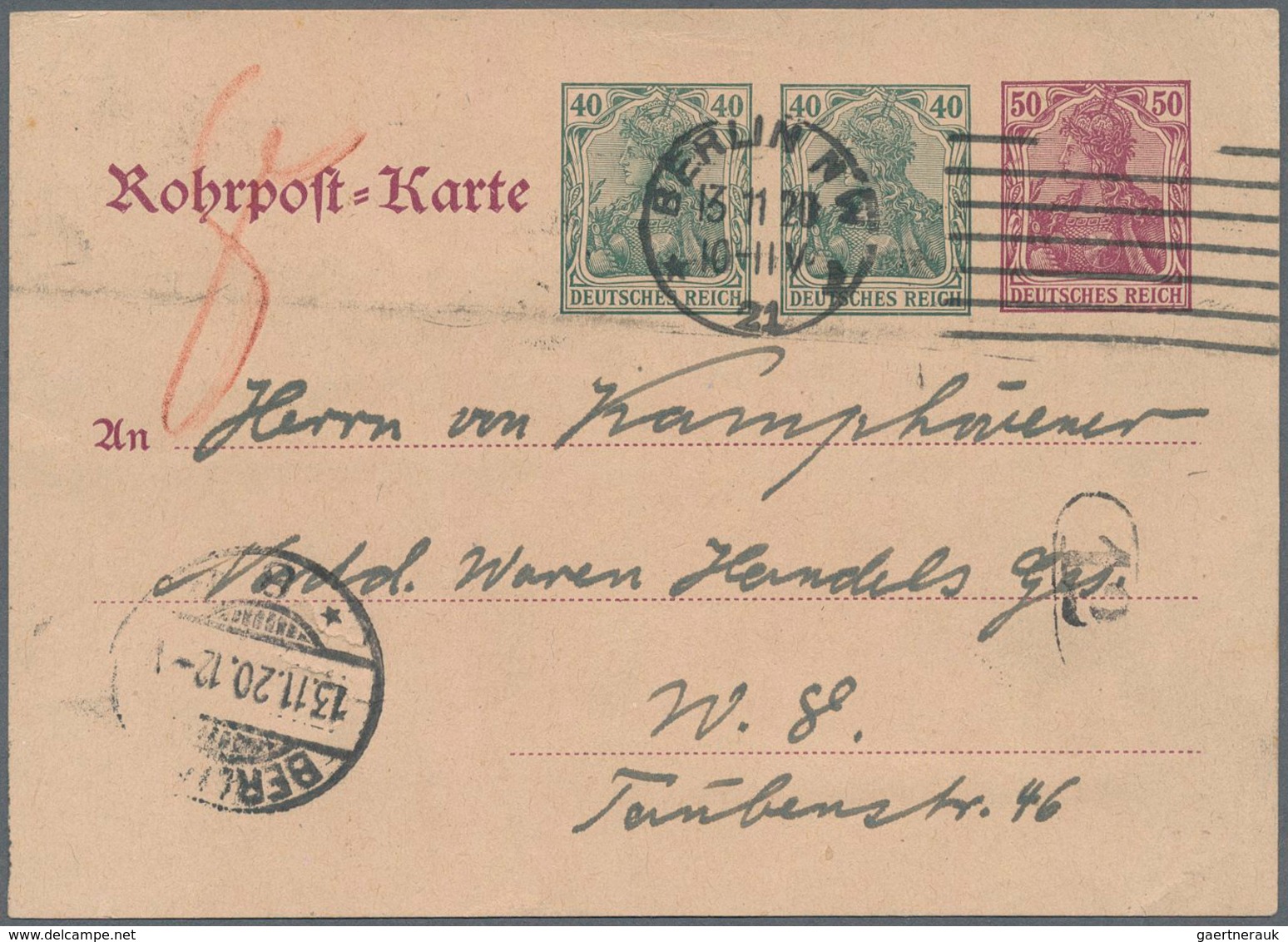 Deutsches Reich - Ganzsachen: 1920. Germania-RP-Karte Mit Germania-Zudrucken: 40 Pf Neben 40 Pf Grün - Autres & Non Classés