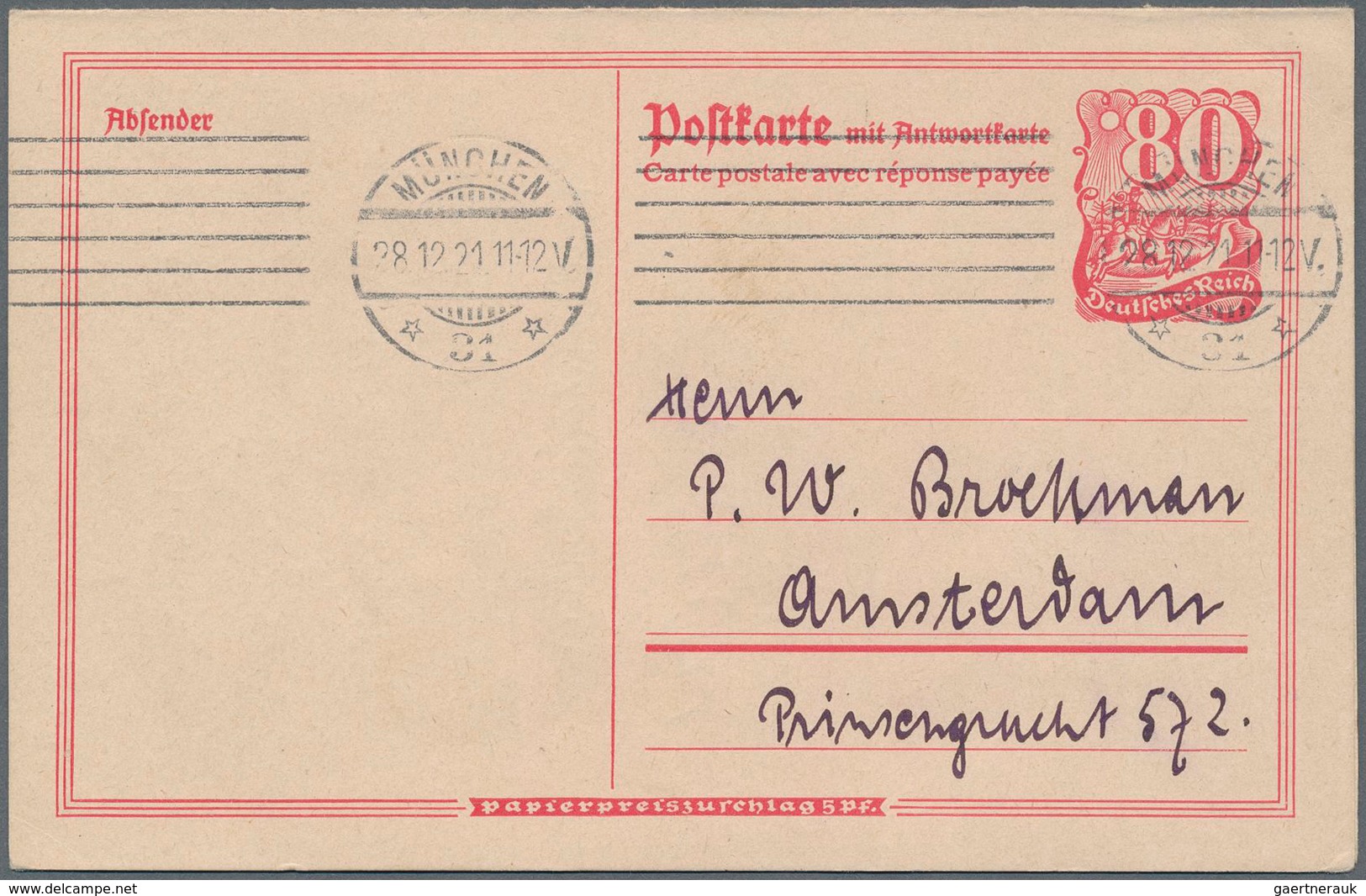 Deutsches Reich - Ganzsachen: 1921. Doppelkarte 80 Pf Postreiter. Gebraucht Von "München 28.12.21" N - Autres & Non Classés