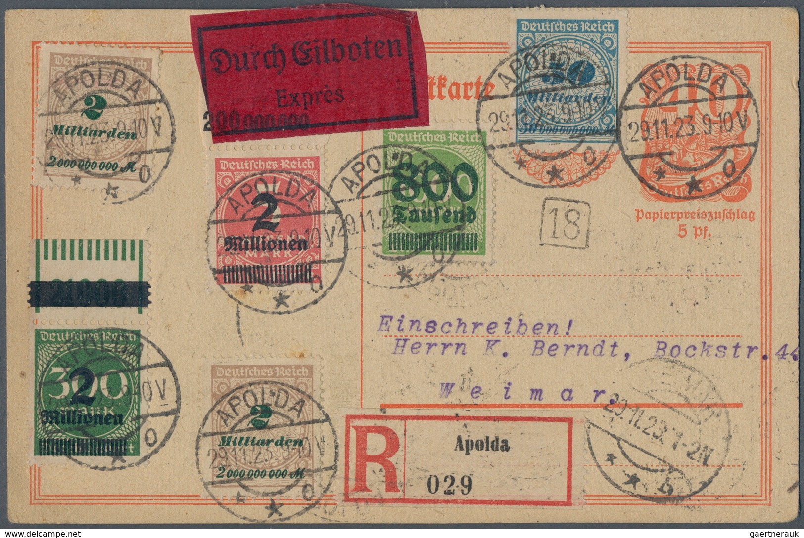 Deutsches Reich - Ganzsachen: Ganzsachenkarte Als Formularverwendung Mit Einschreiben Und Eilboten M - Autres & Non Classés