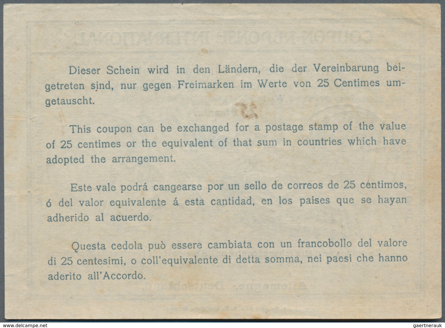 Deutsches Reich - Ganzsachen: 1925. Internationaler Antwortschein (ROM-Muster) Mit Hands. Eintrag "2 - Autres & Non Classés