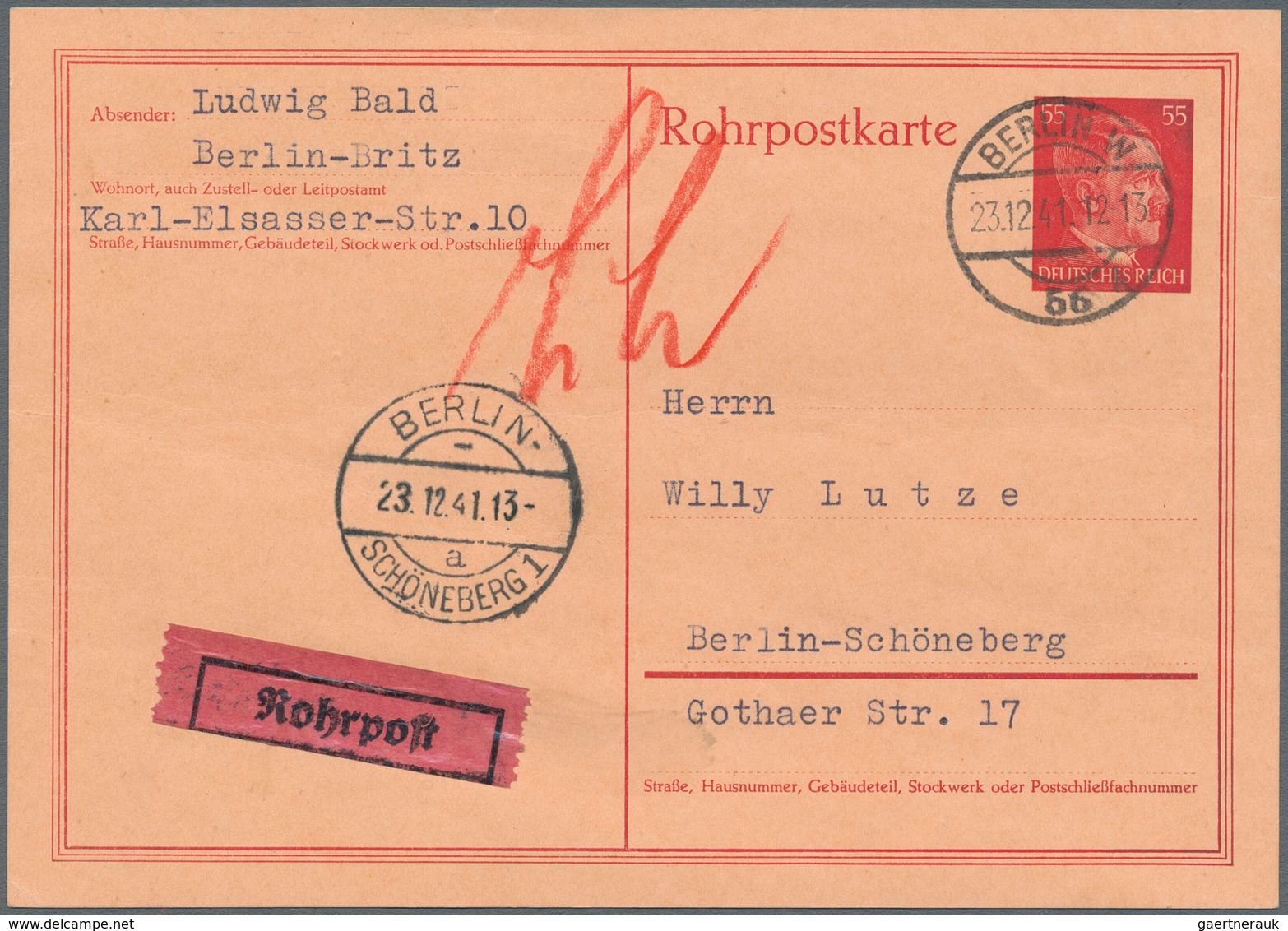 Deutsches Reich - Ganzsachen: 1941. Rohrpostkarte 55 Pf Hitler, Gebraucht Ab "Berlin 56 (Franz. Stra - Autres & Non Classés