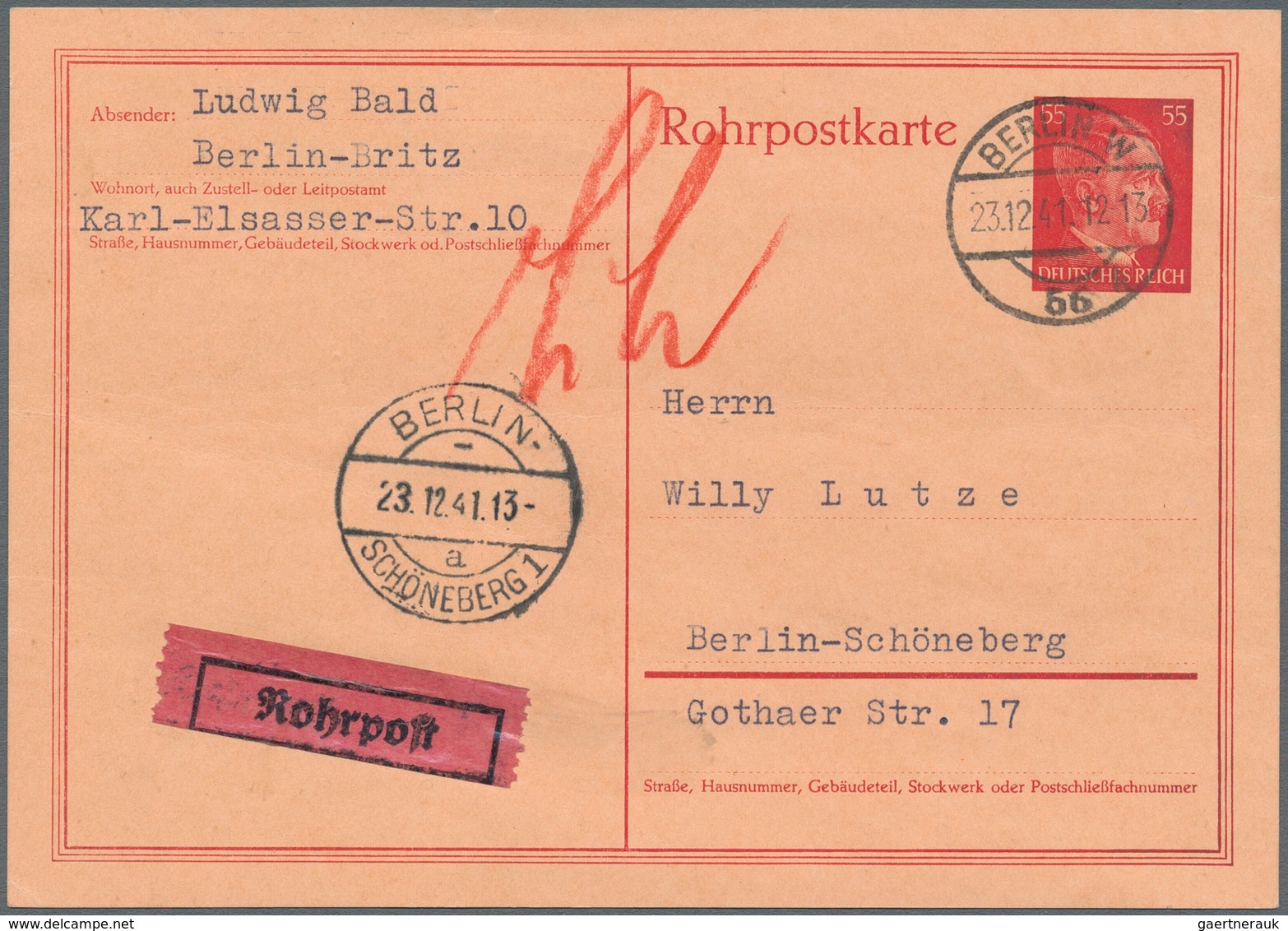 Deutsches Reich - Ganzsachen: 1941. Rohrpostkarte 55 Pf Hitler, Gebraucht Ab "Berlin 56 (Franz. Stra - Sonstige & Ohne Zuordnung