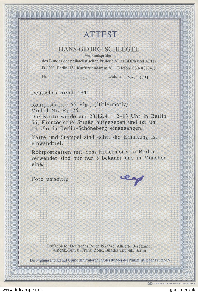 Deutsches Reich - Ganzsachen: 1941. Rohrpostkarte 55 Pf Hitler, Gebraucht Ab "Berlin 56 (Franz. Stra - Sonstige & Ohne Zuordnung