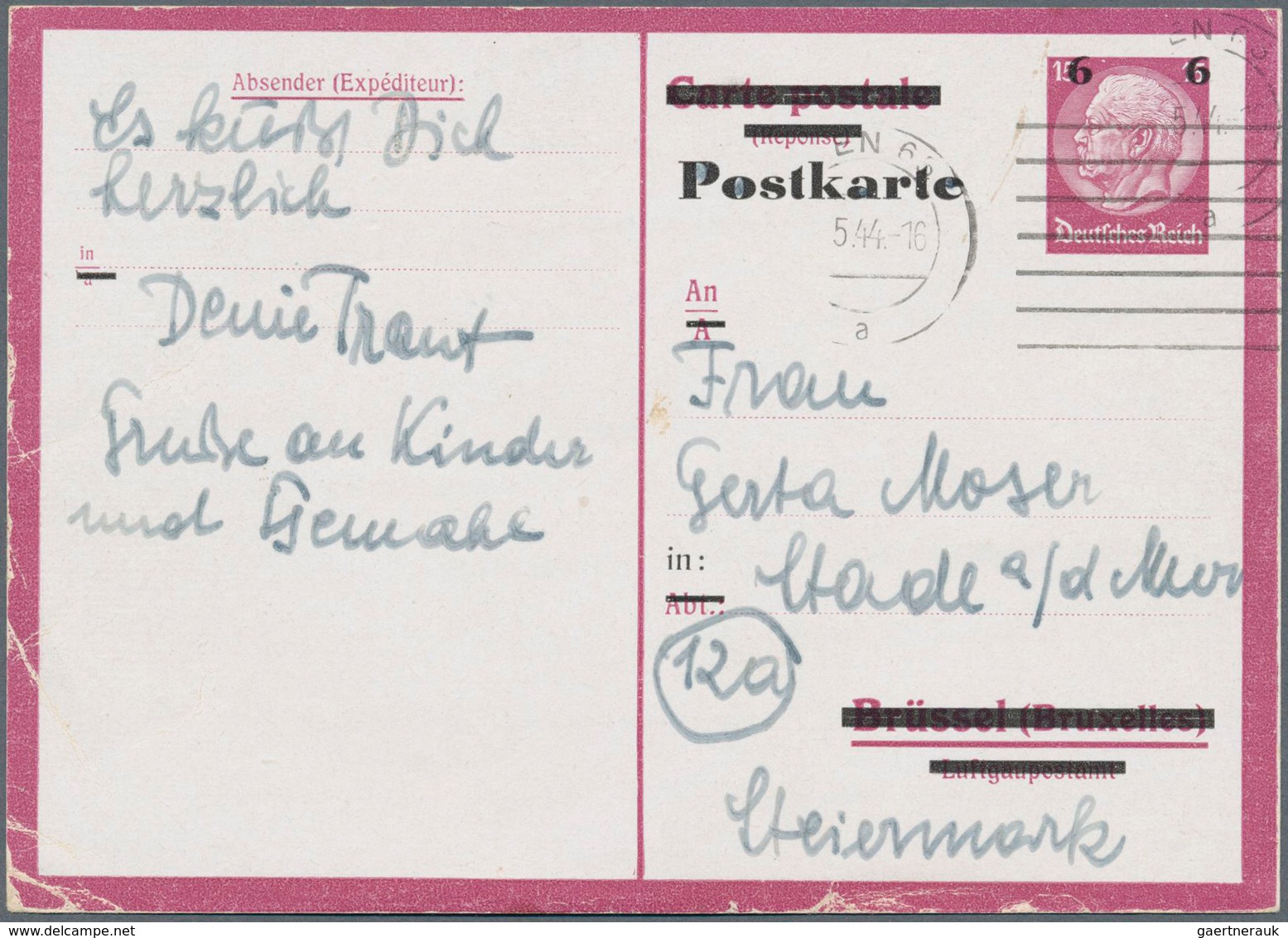 Deutsches Reich - Ganzsachen: 1944. Überdruckte Fremdarbeiterkarte 6 Pf Auf 15 Pf, Kreidekarton, Ab - Other & Unclassified