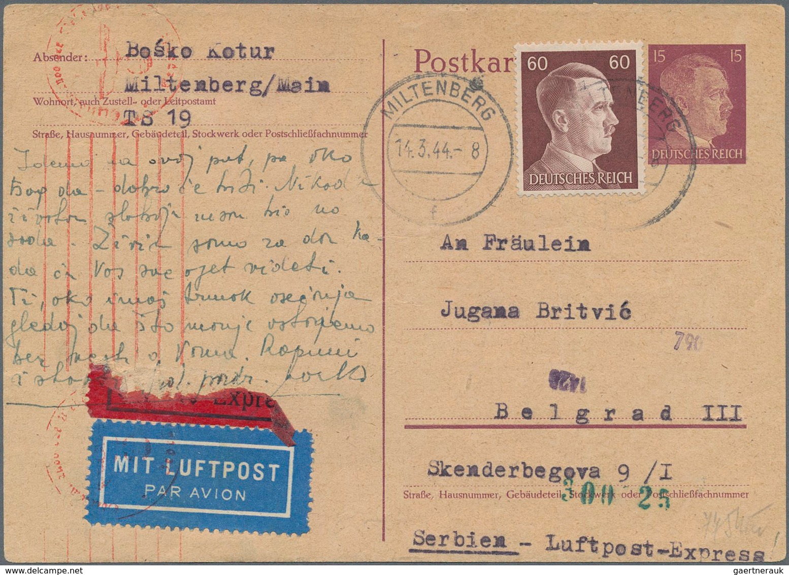 Deutsches Reich - Ganzsachen: 1944, 15 Pfg. Hitler Ganzsachenkarte Mit 60 Pfg. Zusatzfrankatur Für E - Other & Unclassified