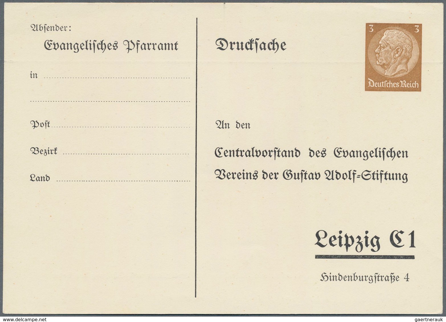 Deutsches Reich - Privatganzsachen: 1937 (ca). Privat-Postkarte 3 Pf Hindenburg "Centralvorstand Der - Autres & Non Classés