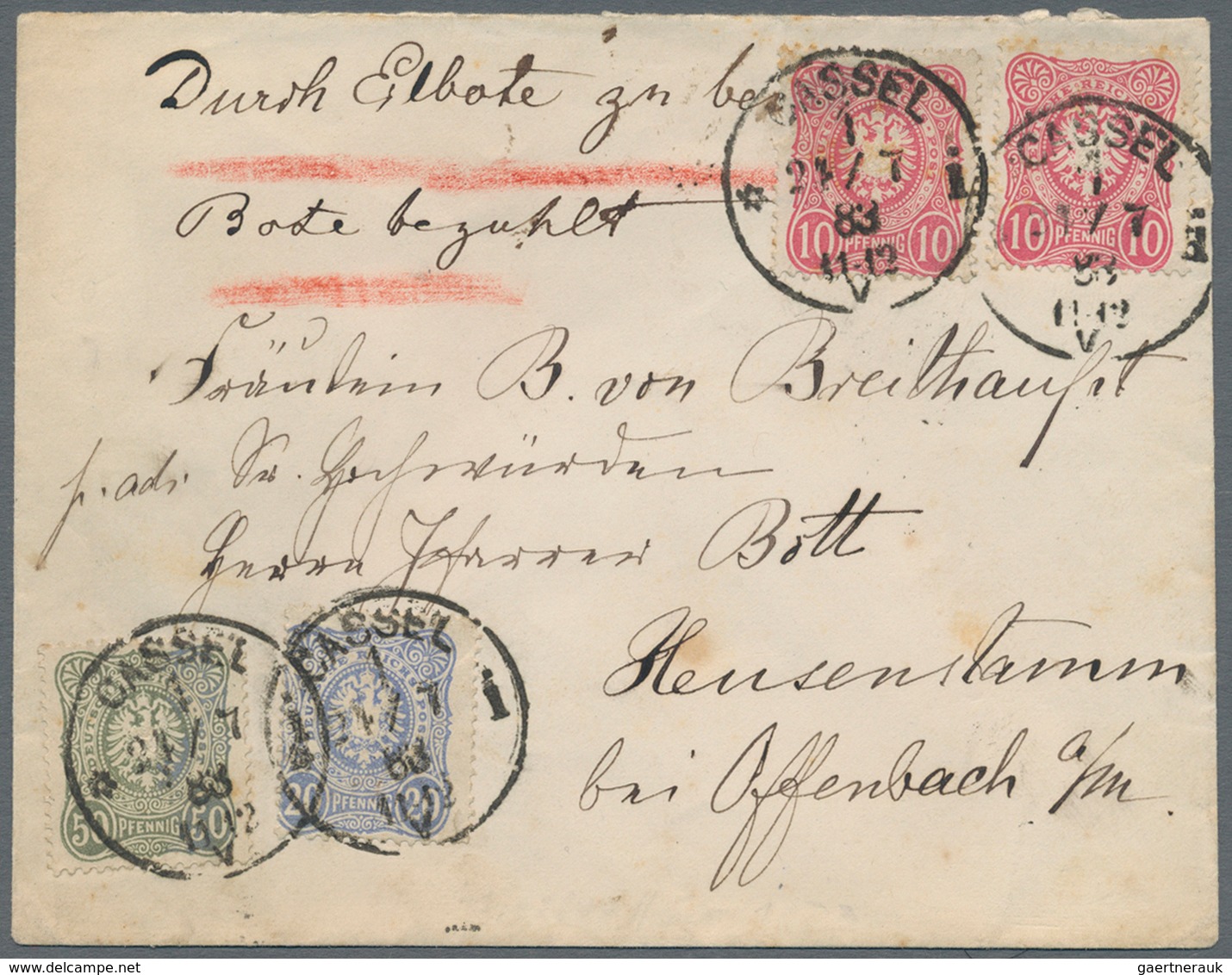 Deutsches Reich - Stempel: 1883, 2 X 10 Pfg., 20 Pfg. Und 50 Pfg. Auf Eilbrief Aus Cassel Mit Landzu - Machines à Affranchir (EMA)