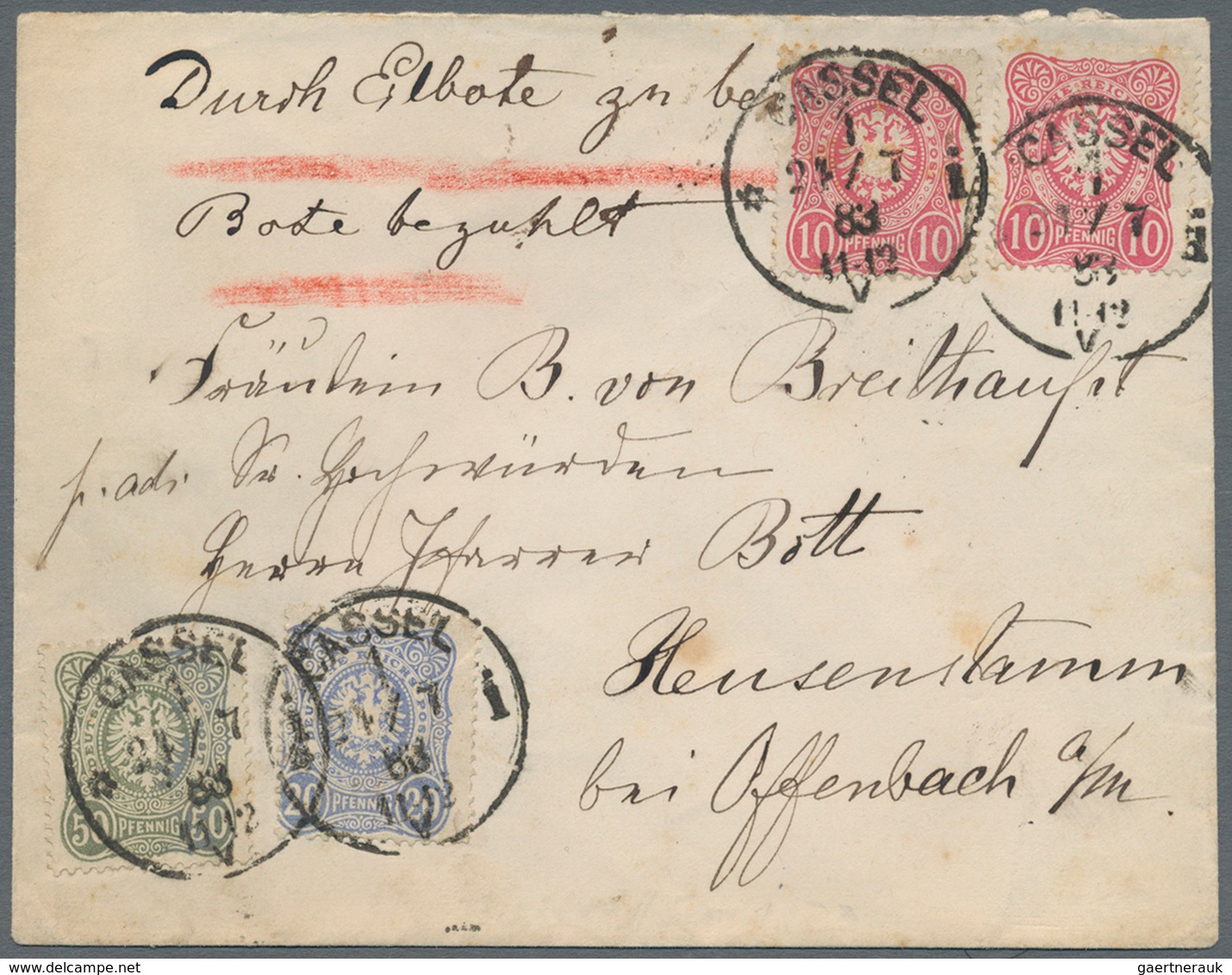 Deutsches Reich - Stempel: 1883, 2 X 10 Pfg., 20 Pfg. Und 50 Pfg. Auf Eilbrief Aus Cassel Mit Landzu - Maschinenstempel (EMA)