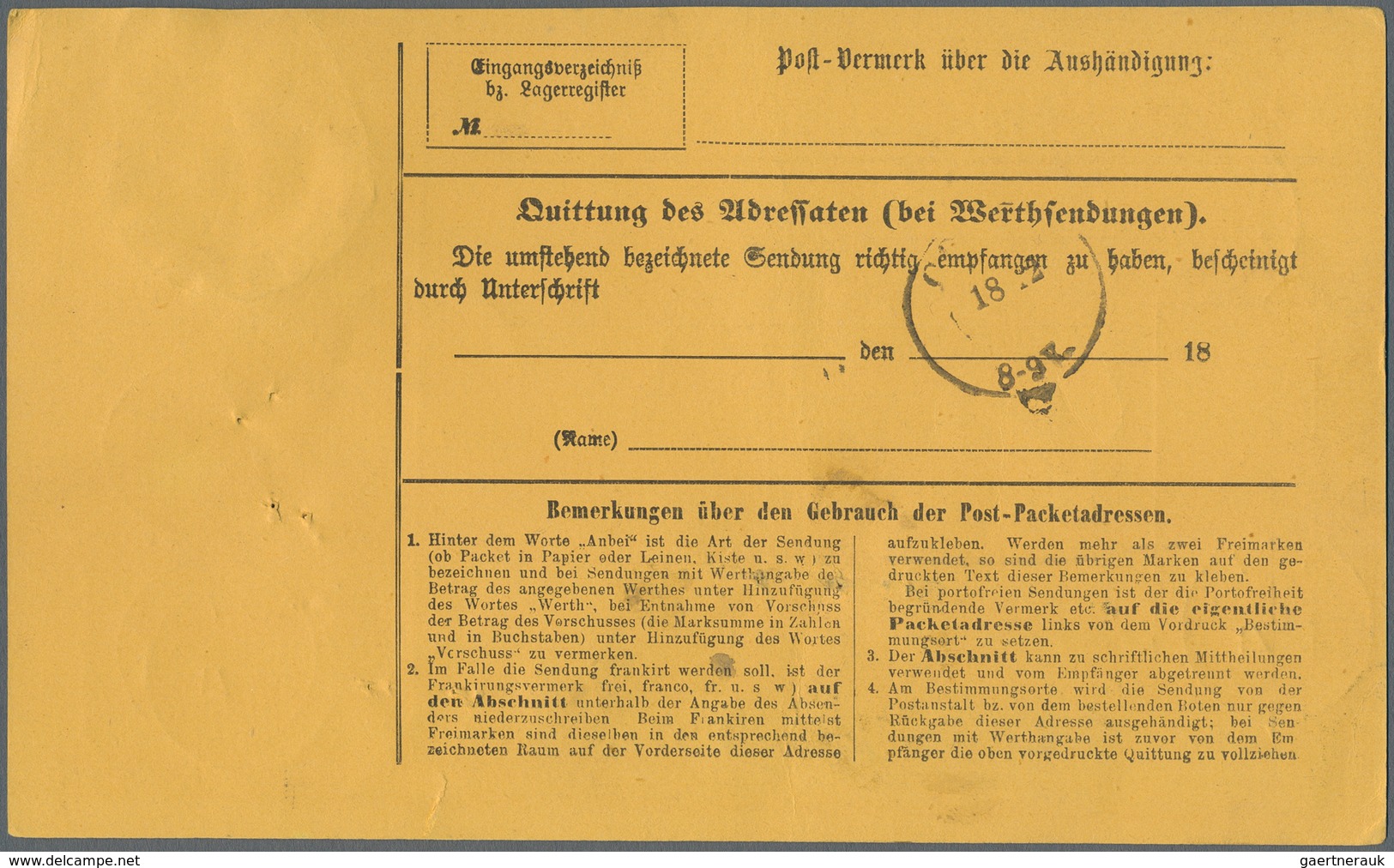 Deutsches Reich - Besonderheiten: 1876, Komplette Barbezahlte Auslands-Wertpaketkarte Für 3 Pakete A - Autres & Non Classés