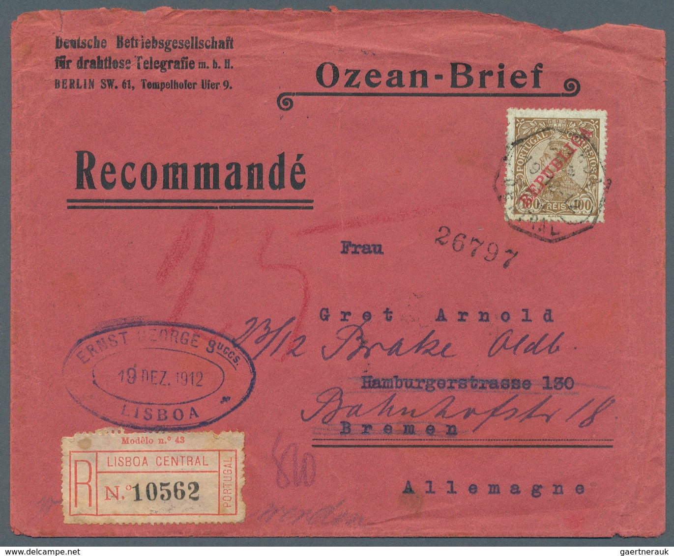 Deutsches Reich - Besonderheiten: 1912, Telegraphischer Ozean-Brief: Rotem Vordruck-Umschlag Und Ein - Sonstige & Ohne Zuordnung