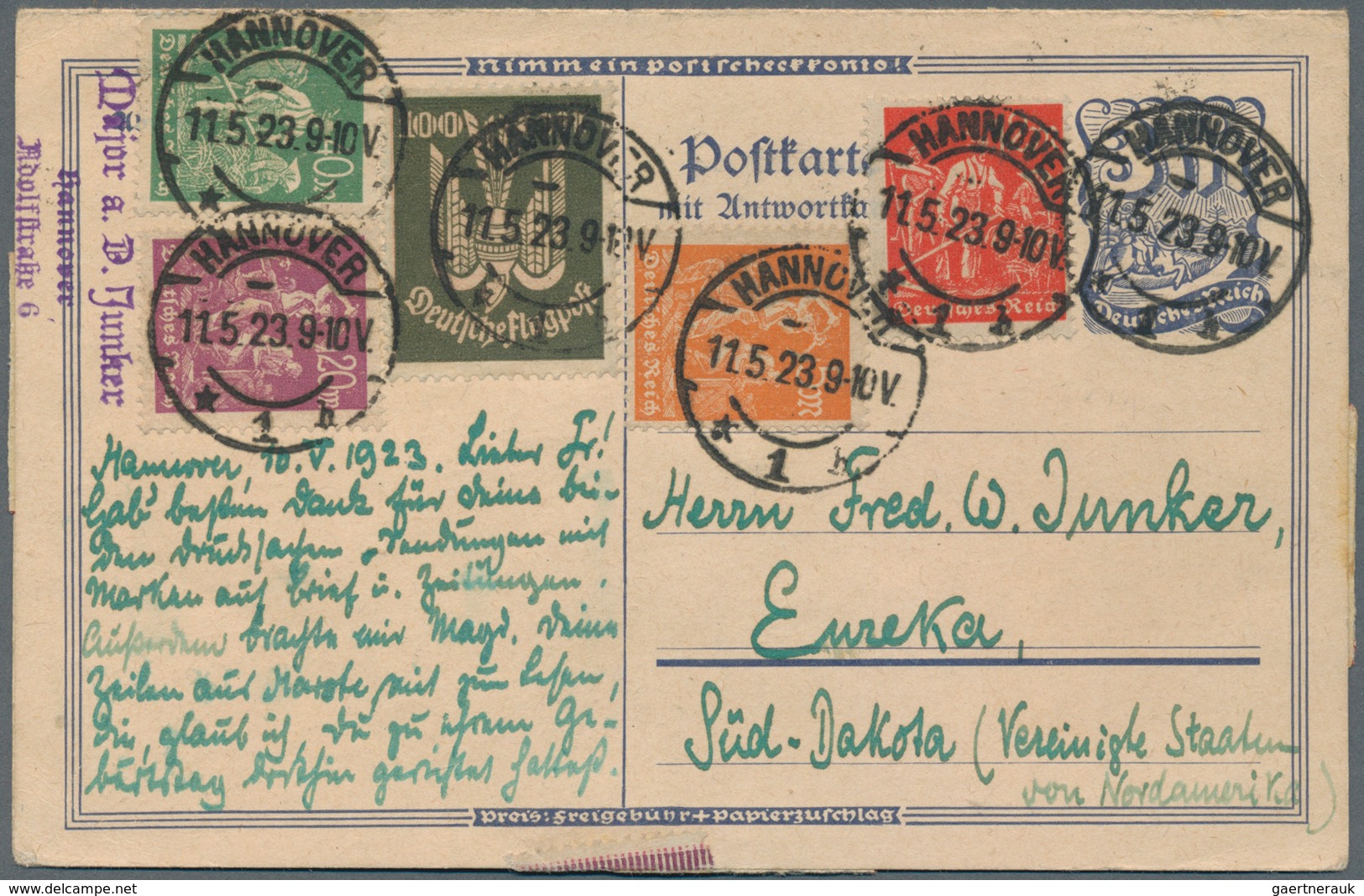 Deutsches Reich - Besonderheiten: 1923, 3 Mark GA-Doppelkarte Gebr. Mit 100 Pfg. Luftpost, 5, 18, 20 - Other & Unclassified