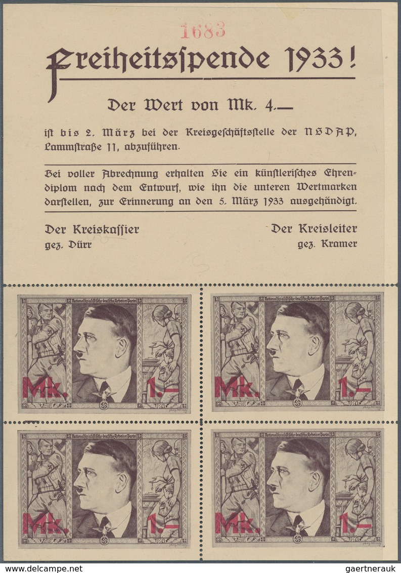 Deutsches Reich - Besonderheiten: 1933, "Freiheitsspende 1933! / Der Wert Von Mk. 4.-" Nummerierter - Autres & Non Classés