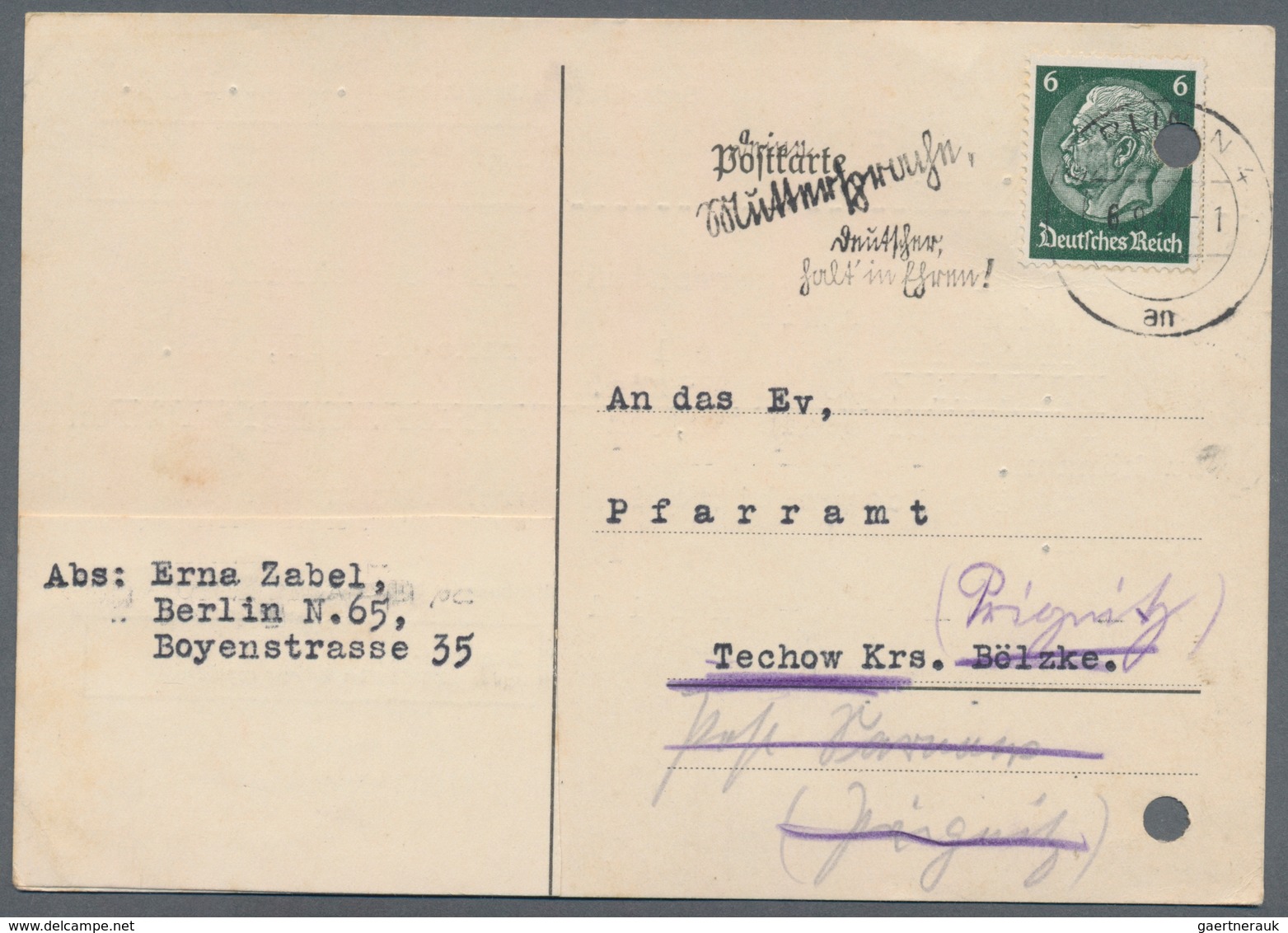 Deutsches Reich - Besonderheiten: 1935, Zwei Postkarten An Das Pfarramt In Techow (Priegnitz) Mit De - Sonstige & Ohne Zuordnung