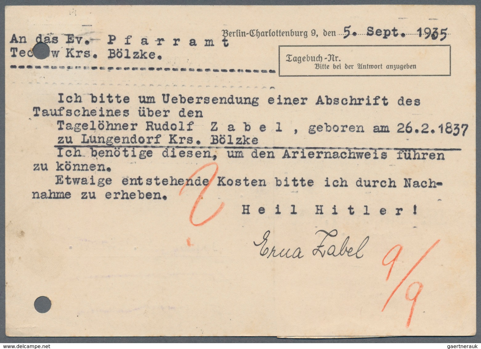 Deutsches Reich - Besonderheiten: 1935, Zwei Postkarten An Das Pfarramt In Techow (Priegnitz) Mit De - Sonstige & Ohne Zuordnung