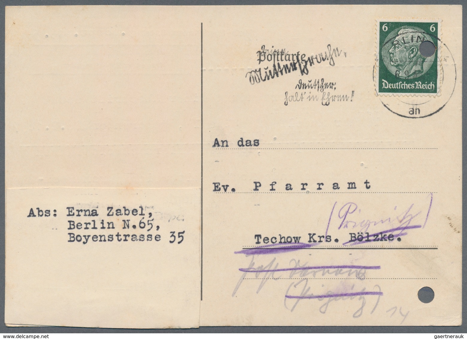 Deutsches Reich - Besonderheiten: 1935, Zwei Postkarten An Das Pfarramt In Techow (Priegnitz) Mit De - Other & Unclassified