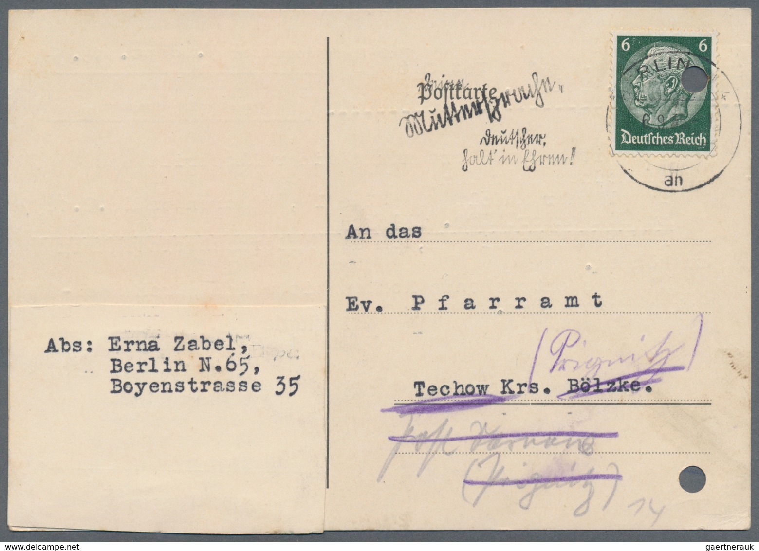 Deutsches Reich - Besonderheiten: 1935, Zwei Postkarten An Das Pfarramt In Techow (Priegnitz) Mit De - Sonstige & Ohne Zuordnung