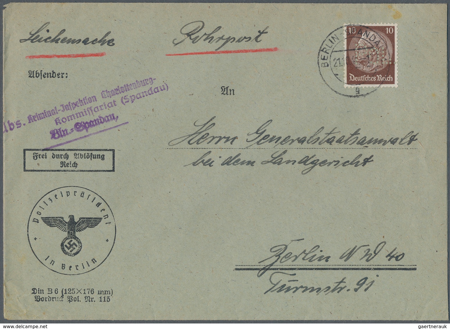 Deutsches Reich - Besonderheiten: 1940 (21.19.), Ra1 "Frei Durch Ablösung Reich" Auf Ortsbrief Berli - Autres & Non Classés
