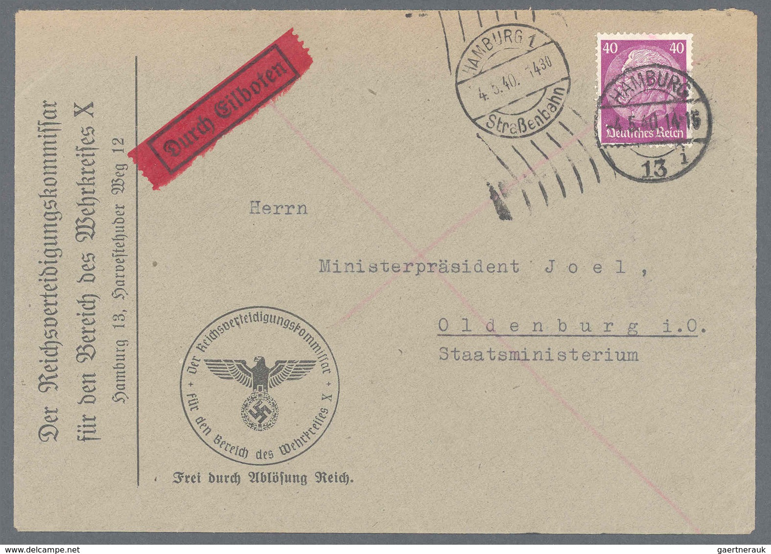 Deutsches Reich - Besonderheiten: 1940, „HAMBURG 1 Straßenbahn 4.5.40. 14 30 ” Als Transitstempel Au - Other & Unclassified