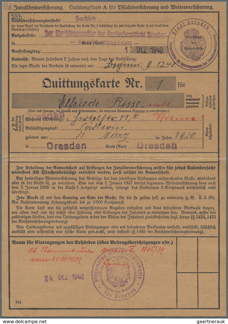 Deutsches Reich - Besonderheiten: Invalidenversicherungskarte, Geklebt Von 12.1940 Bis 6.1942. Die K - Other & Unclassified