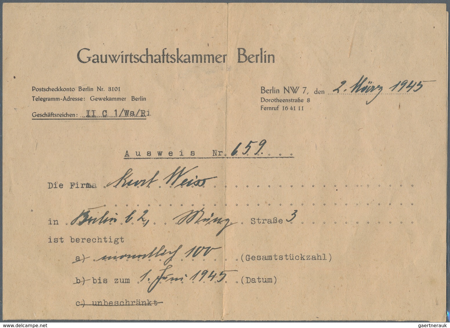 Deutsches Reich - Besonderheiten: 1945, Ausweis Der Gauwirtschaftskammer Berlin, Datiert Vom 2.März - Autres & Non Classés