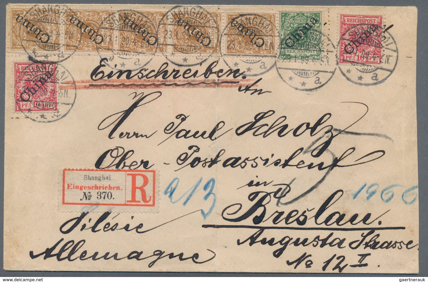 Deutsche Post In China: 1899, Einschreiben Mit Dekorativer Drei-Farben-Frankatur (Bug) Ab SHANGHAI 2 - China (offices)