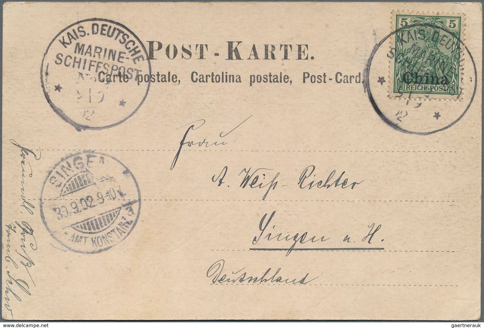Deutsche Post In China: 1902 (9.9.), "KAIS. DEUTSCHE MARINE-SCHIFFSPOST No. 2" (Dampfer "Pisa"/ Auf - Deutsche Post In China