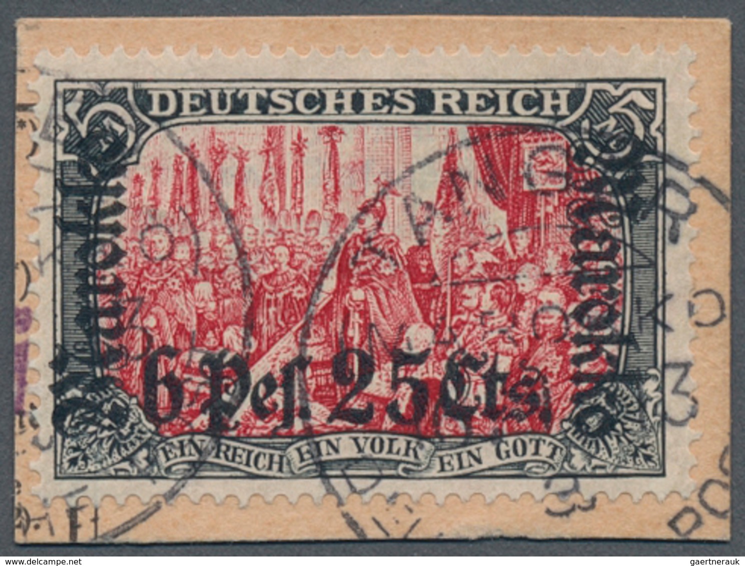 Deutsche Post In China: 1913 (16.1.), Sogn. "Ministerdruck" ("6 Pes. 25 Cts. Auf 5 Mark" Schwarz/dun - Deutsche Post In China