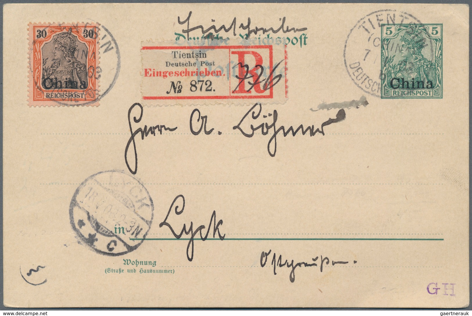 Deutsche Post In China - Ganzsachen: 1903, Ganzsachenkarte 5 Pfg. Grün Ohne Wasserzeichen Mit Zusatz - Chine (bureaux)