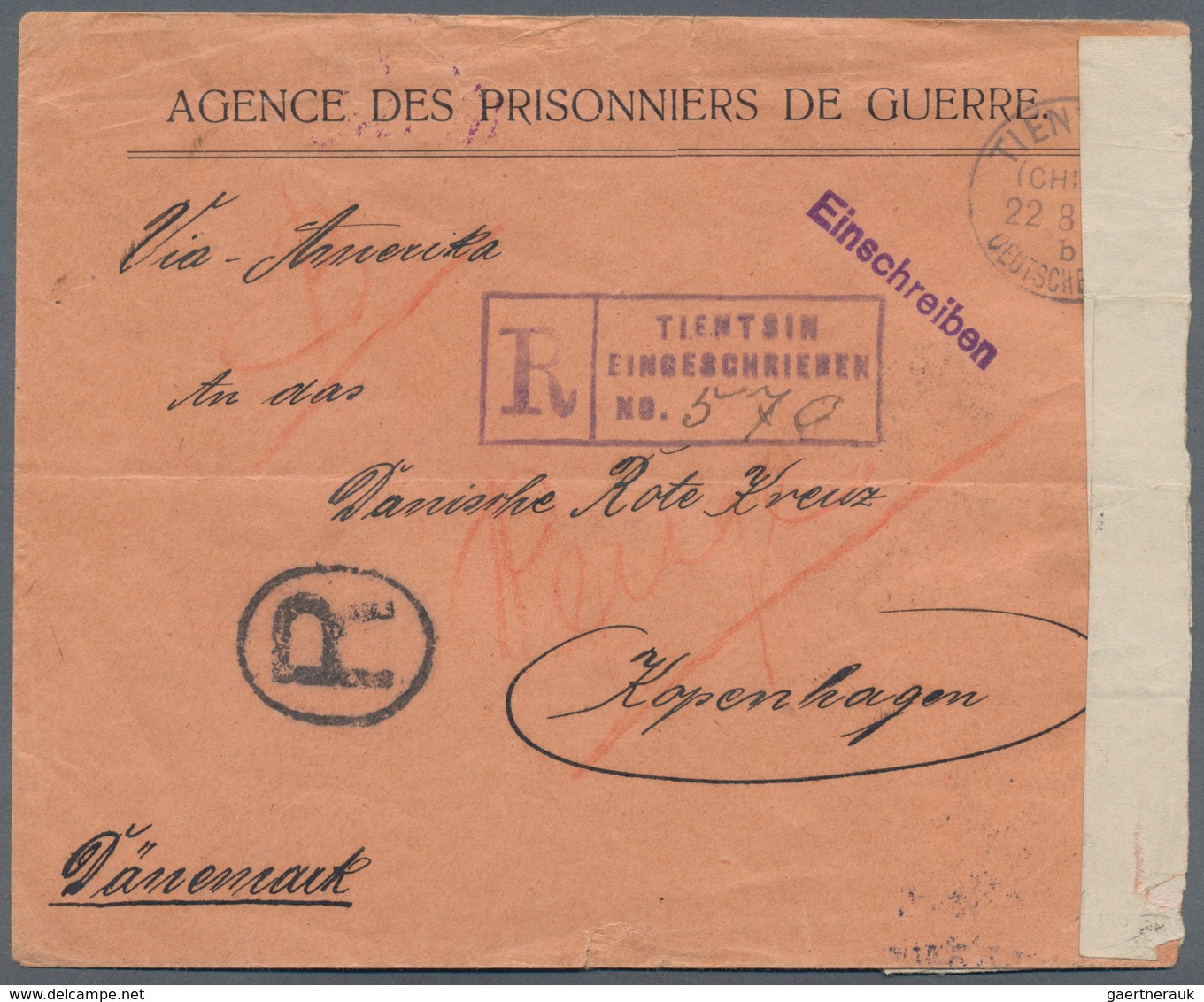 Deutsche Post In China - Stempel: 1916, Kriegsgefangenen-R-Brief Mit Absender "Hilfsaktion Für Deuts - China (offices)