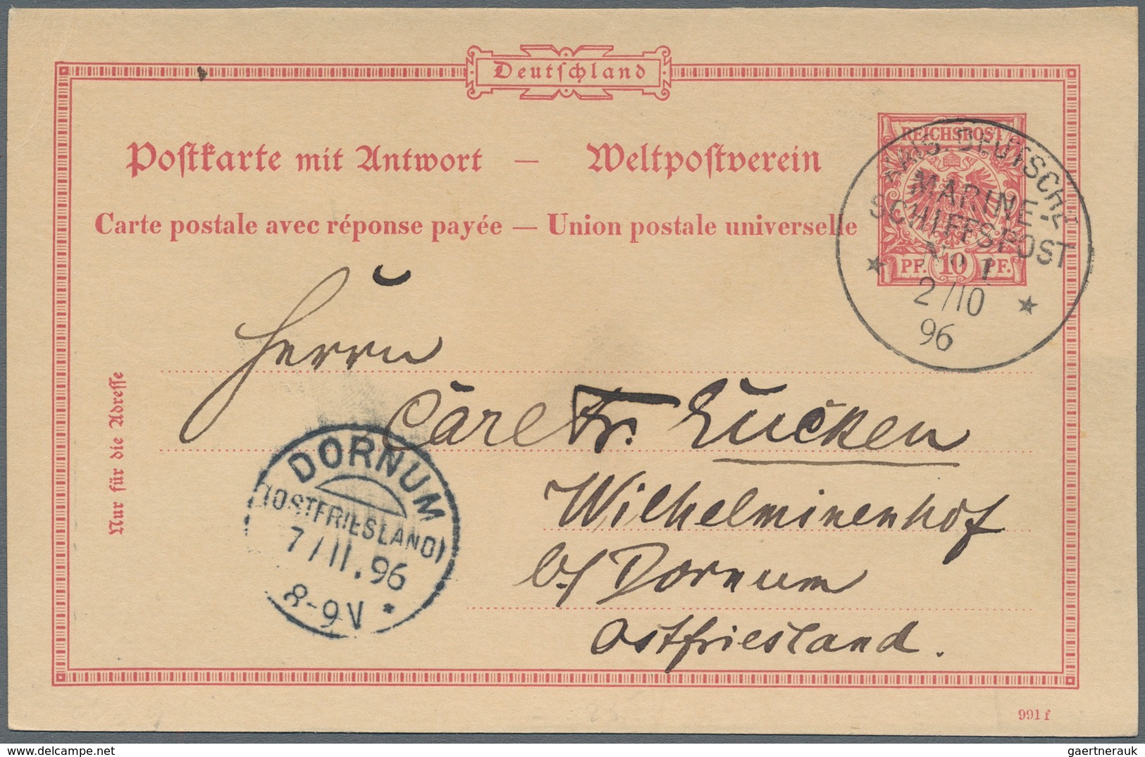 Deutsche Post In China - Besonderheiten: 1896 (2.10.), "KAIS.DEUTSCHE MARINE-SCHIFFSPOST No.1" (= SM - Deutsche Post In China