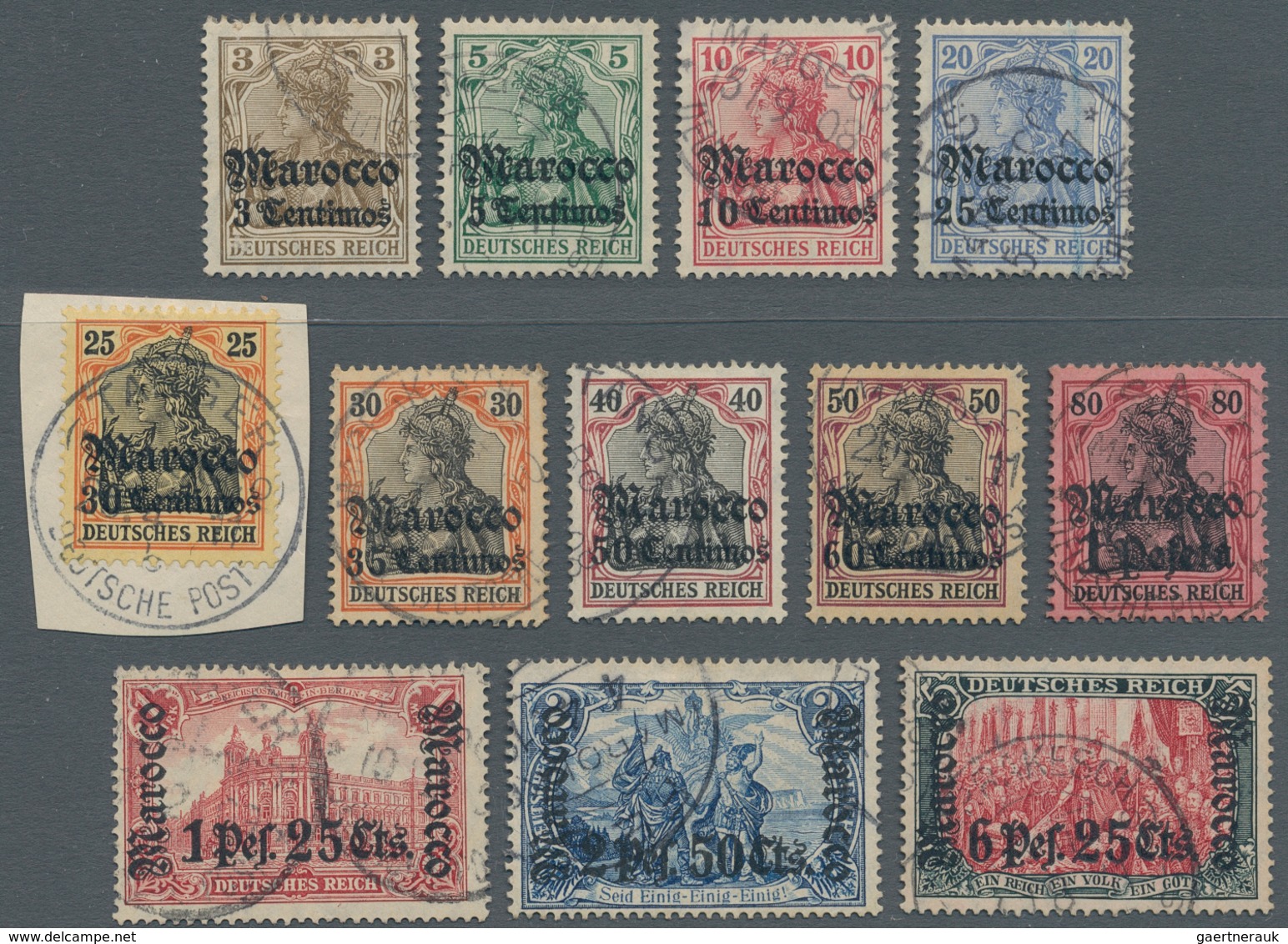 Deutsche Post In Marokko: 1906/1911, 3 C Auf 3 Pf Dkl'ockerbraun Bis 6 P 25 C Auf 5 M Grünschwarz/du - Morocco (offices)