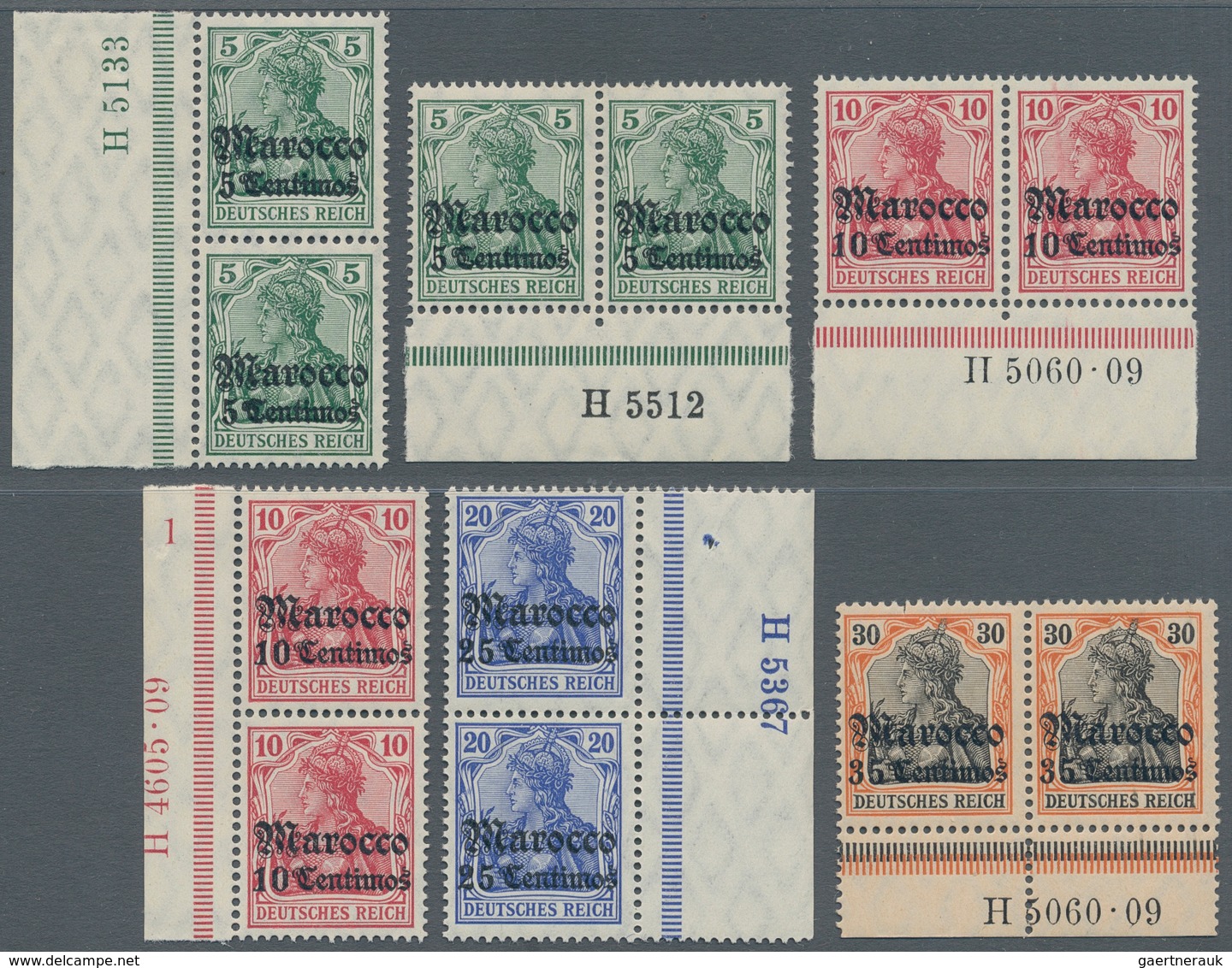 Deutsche Post In Marokko: 1906/1908, 5 C Auf 5 Pf Bis 35 C Auf 30 Pf Germania, Partie Mit 6 Verschie - Morocco (offices)