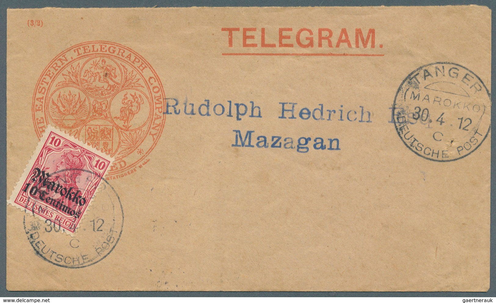 Deutsche Post In Marokko: 1912, 10 C. Auf 10 Pfg. Germania Auf Telegramm-Umschlag Mit Klarem, Roten - Deutsche Post In Marokko