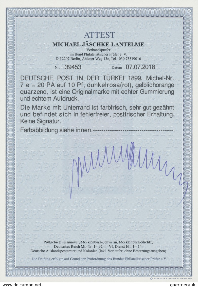 Deutsche Post In Der Türkei: 1899, 20 Para Auf 10 Pfg. Krone/Adler Dunkelrosarot (gelblichorange Qua - Turkey (offices)