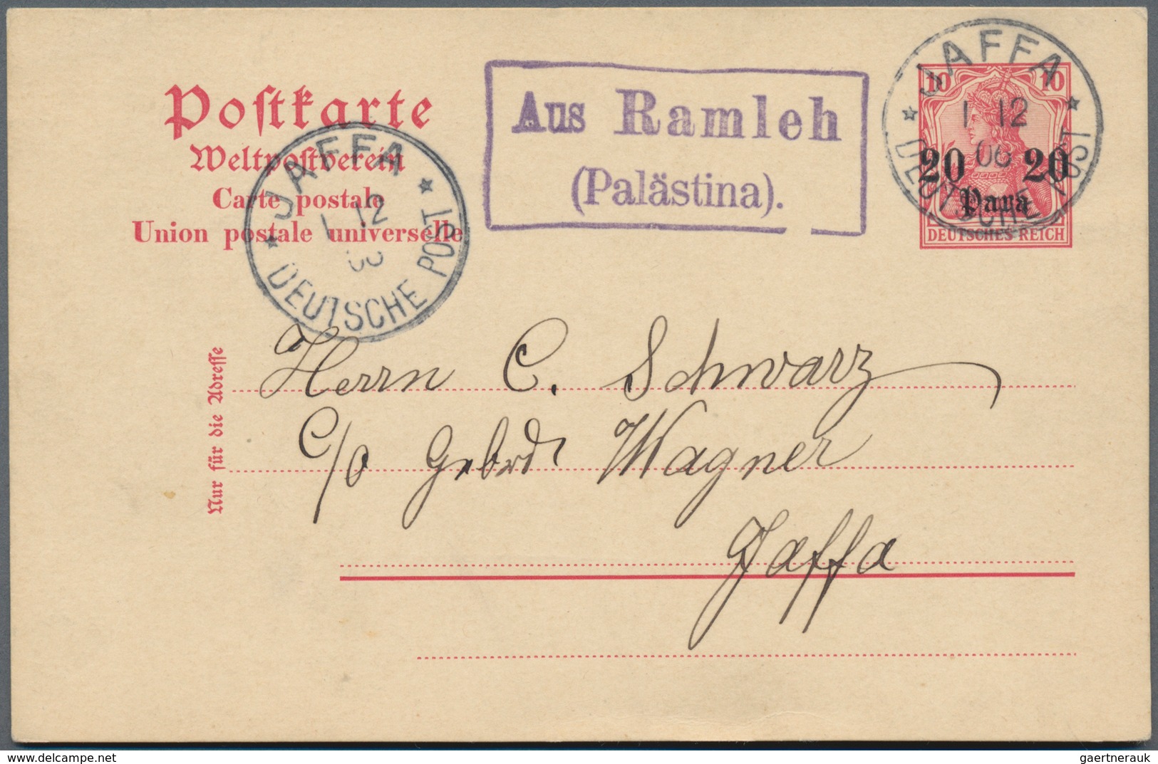 Deutsche Post In Der Türkei: 1906 1.12.9, Violetter Nebentempel "Aus Ramleh/(Palestina)". (Luxusabsc - Deutsche Post In Der Türkei