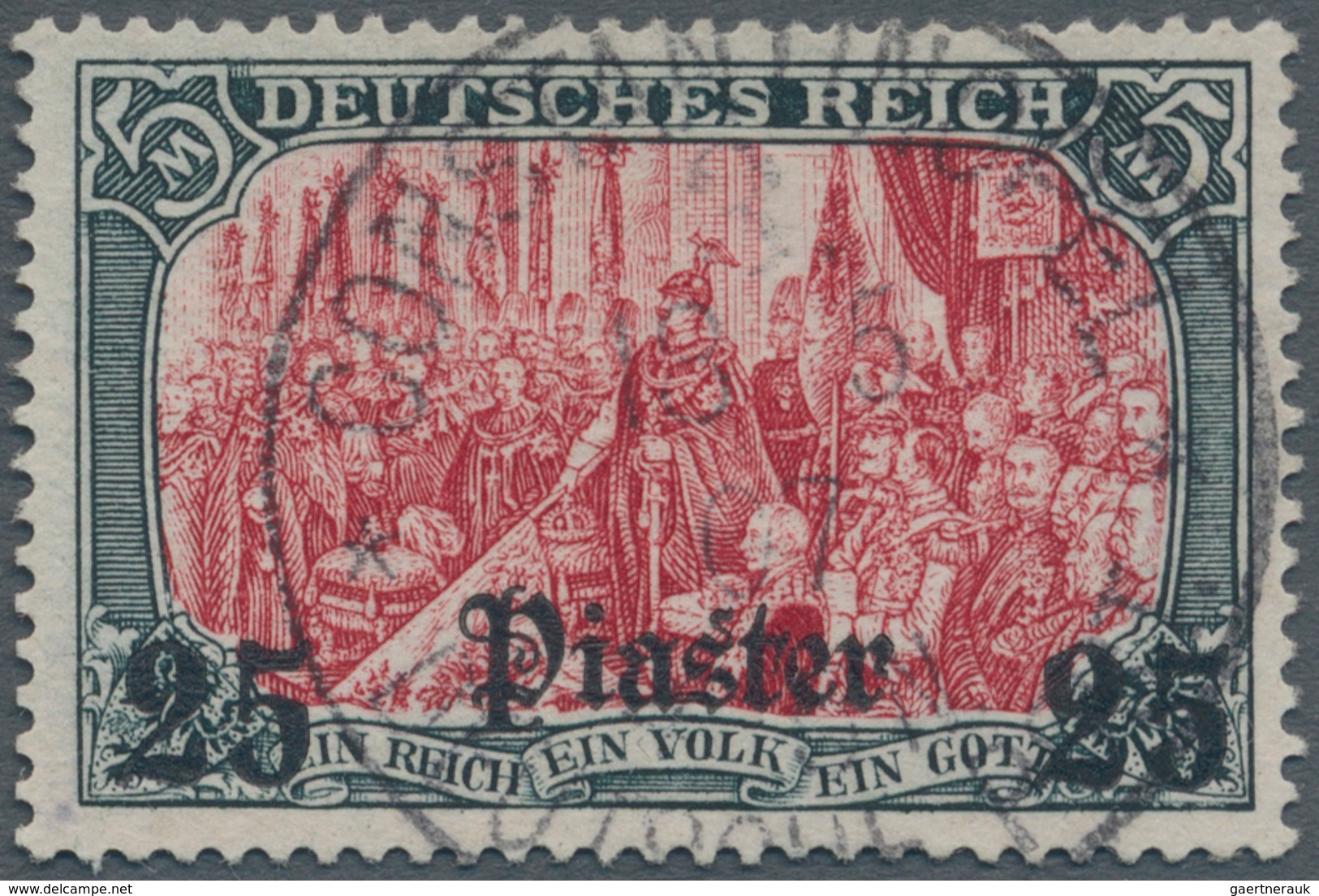Deutsche Post In Der Türkei: 1905, 25 Pia. Auf 5 Mark Grünschwarz/dunkelkarmin Zentrisch Gestempelt - Turkey (offices)