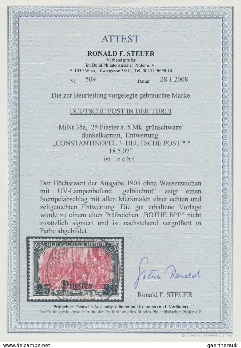 Deutsche Post In Der Türkei: 1905, 25 Pia. Auf 5 Mark Grünschwarz/dunkelkarmin Zentrisch Gestempelt - Turkey (offices)