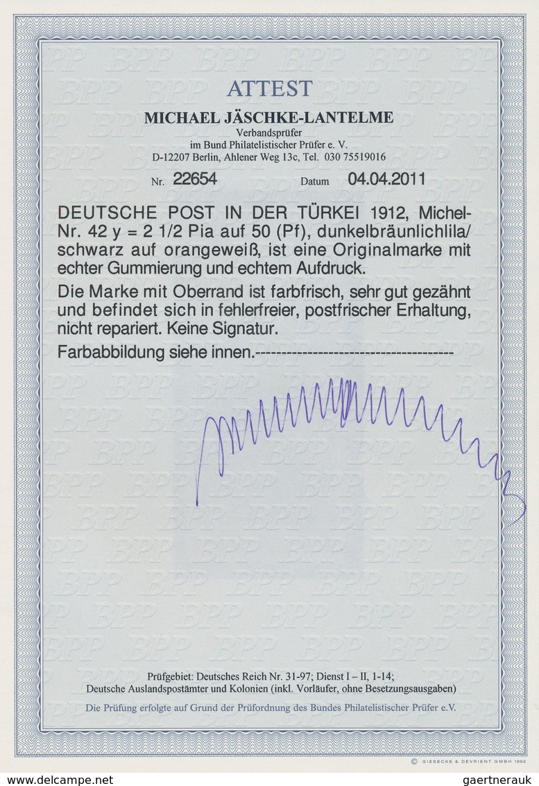 Deutsche Post In Der Türkei: 1905, 2 1/2 Pia Auf 50 Pf (orangeweiß), Postfrischer OR-Stück In Tadell - Turkey (offices)