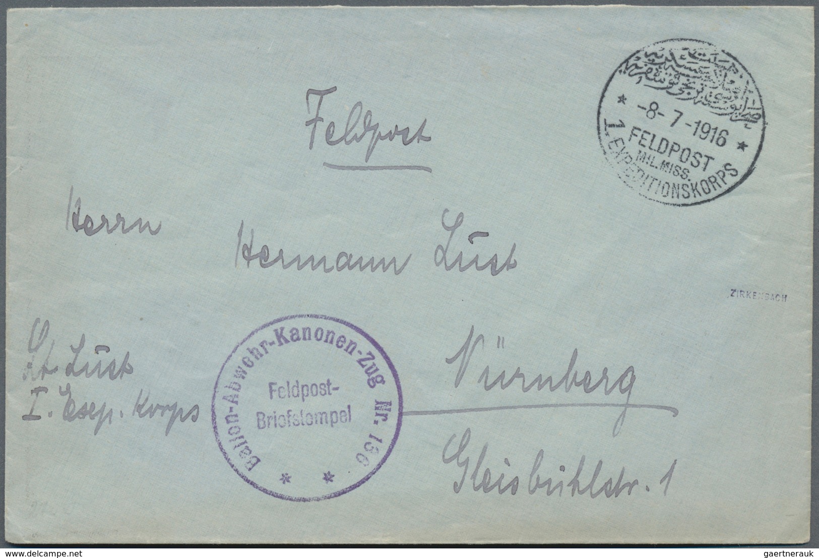 Deutsche Post In Der Türkei: 1916 (8.7.), "Mil. Miss.1.EXPEDITIOPNSKORPS" Auf FP-BRIEF Von Leutnant - Turquie (bureaux)