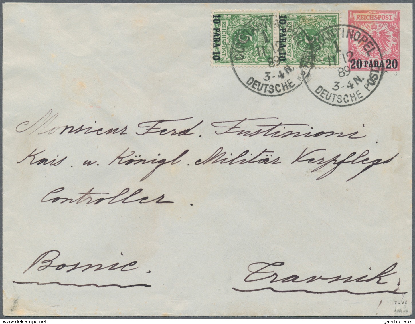 Deutsche Post In Der Türkei - Ganzsachen: 1889, Umschlag 20 P./10 Pf. Mit Beifrankatur 10 P./5 Pf. ( - Turquie (bureaux)
