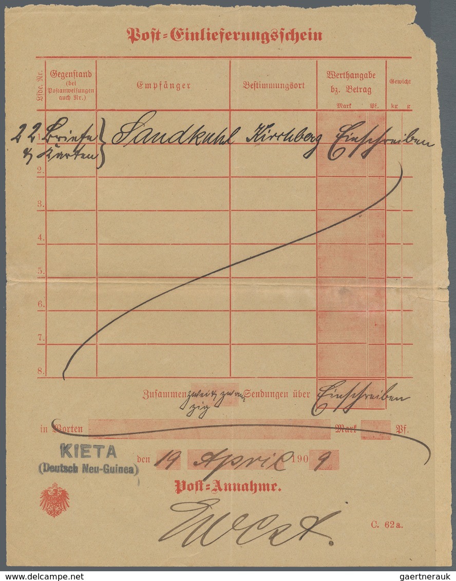 Deutsch-Neuguinea: 1909, Größerformatiger Post-Einlieferungsschein Für 22 Einschreiben Mit L2 "Kieta - Nouvelle-Guinée