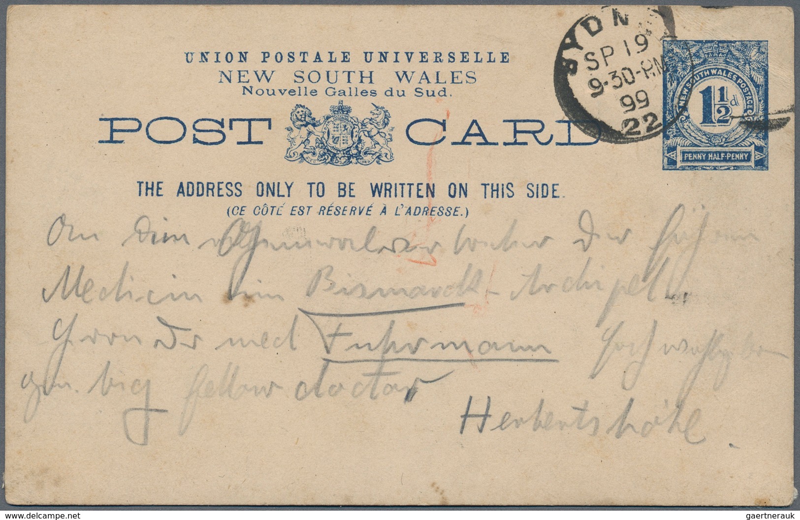 Deutsch-Neuguinea - Besonderheiten: 1899 (19.9.), 1 1/2 P. GA-Karte New South Wales Mit Rs. Bedarfst - Deutsch-Neuguinea