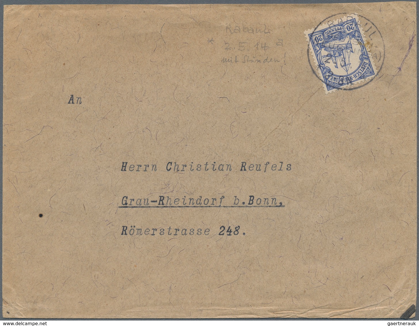 Deutsch-Neuguinea - Besonderheiten: 1914, 20 Pf Ultramarin Sauber Gestempelt RABAUL Auf Brief Nach G - Nouvelle-Guinée