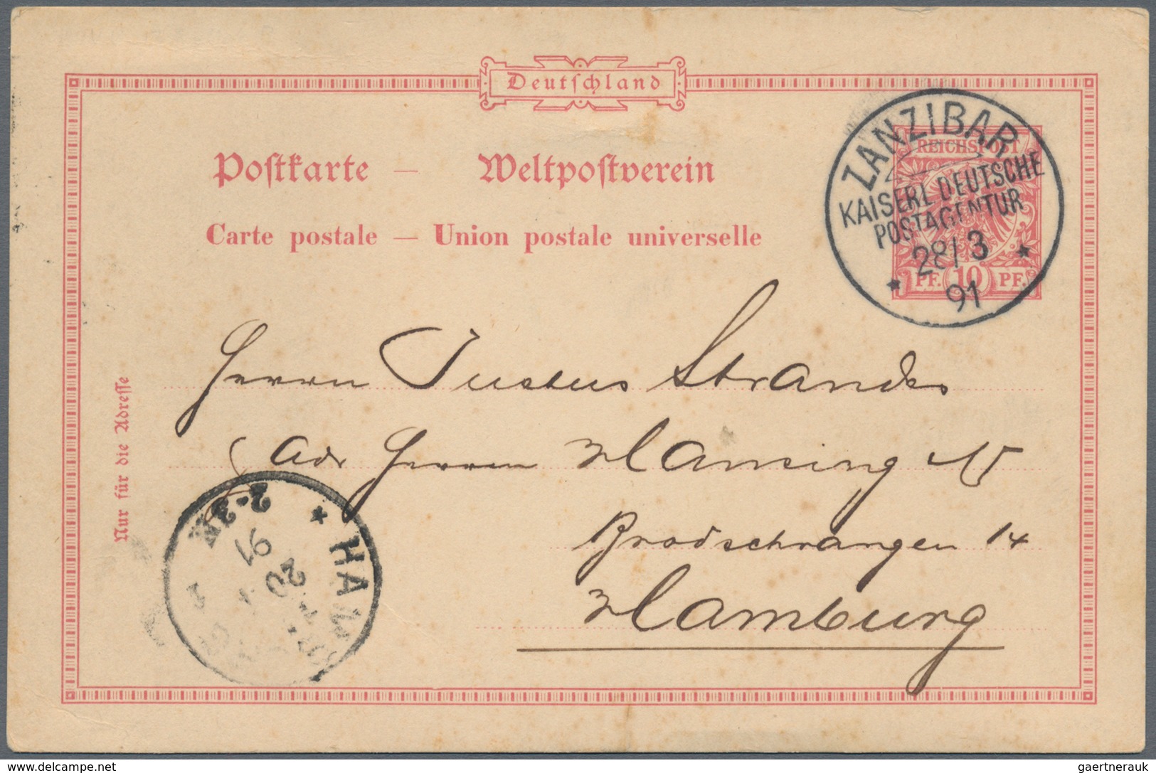 Deutsch-Ostafrika - Vorläufer: Zanzibar: 1891, Krone Adler 10 Pf. GA-Karte Bedarfsgebraucht "ZANZIBA - Afrique Orientale