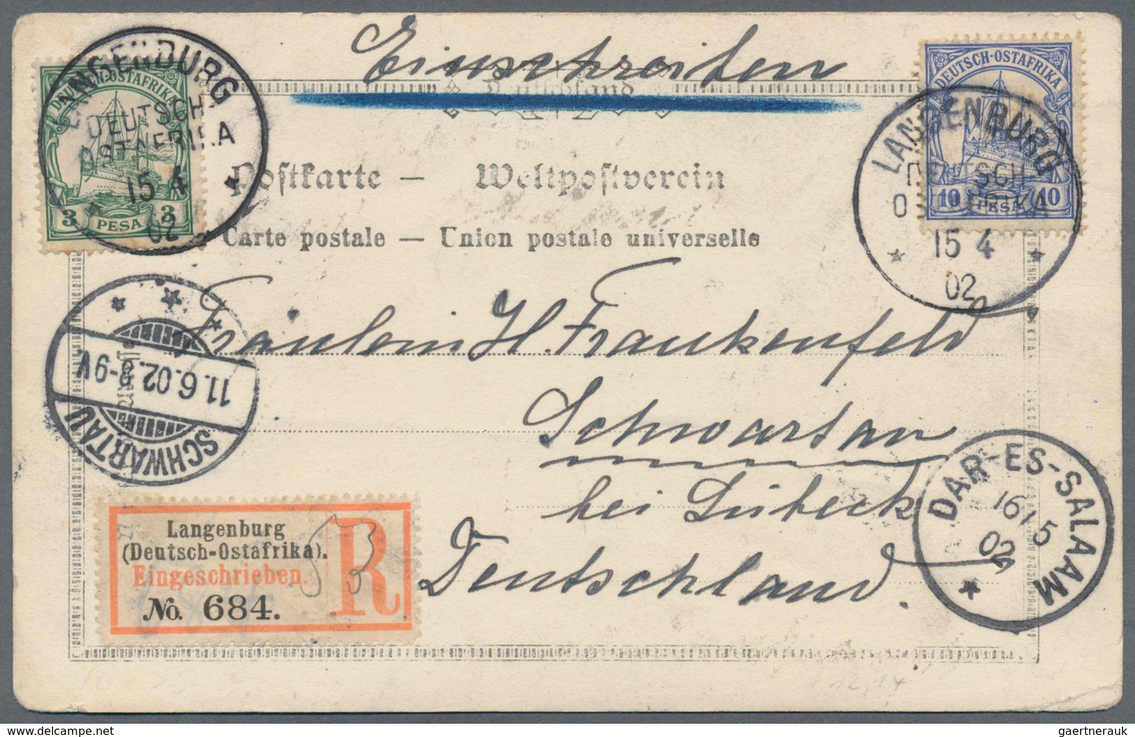 Deutsch-Ostafrika: 1901, 10 P. Und 3 P. Kaiseryacht Je Mit Stempel "LANGENBURG DOA 15.4.02" Als Port - German East Africa