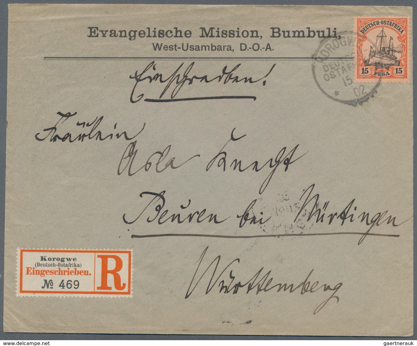 Deutsch-Ostafrika: 1901, 15 P. Kaiseryacht Als Portogerechte Einzelfrankatur Auf R-Vordruckbrief "Ev - Afrique Orientale