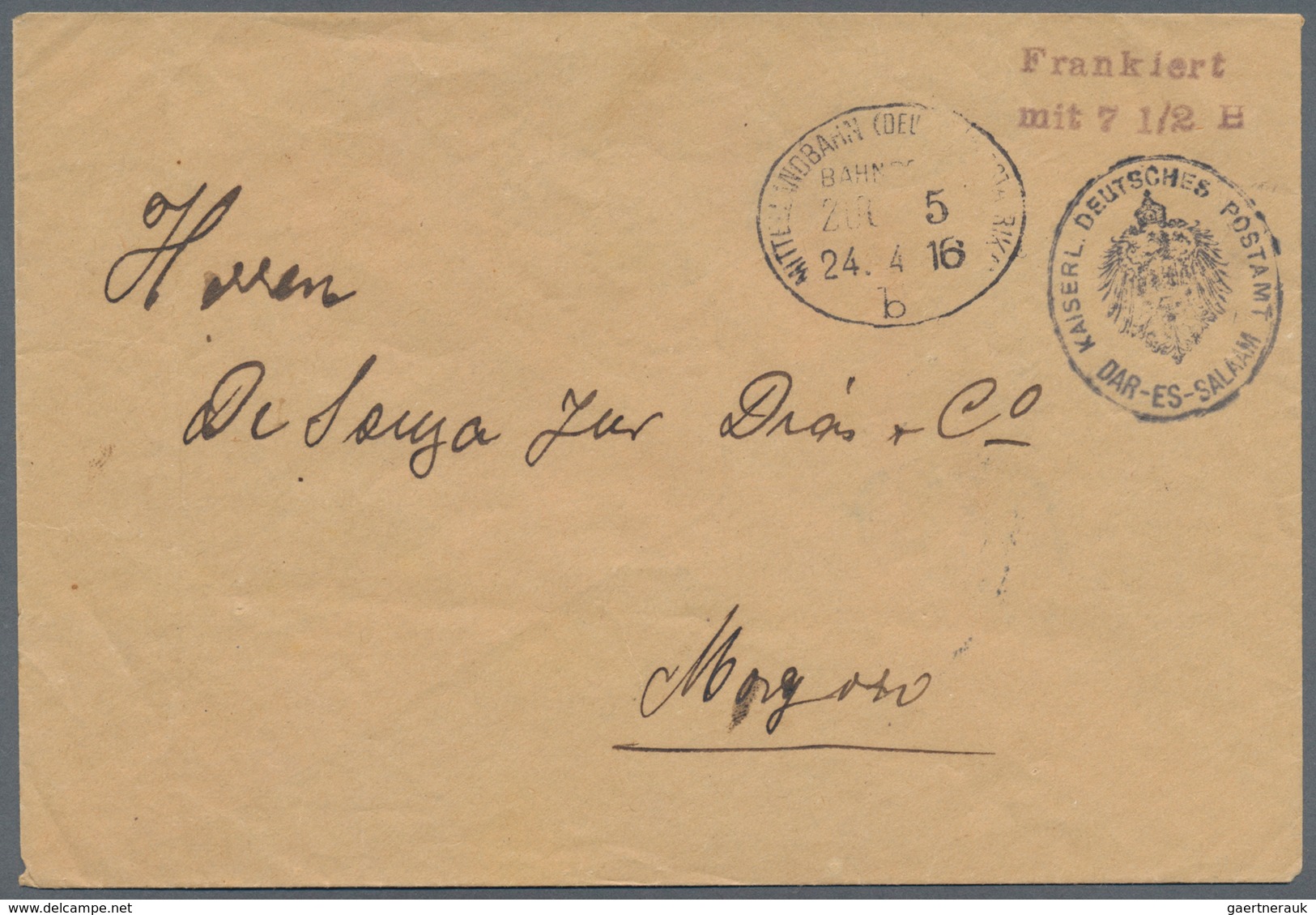 Deutsch-Ostafrika: 1916, "Frankiert Mit 7 1/2 H.", Violetter L2 Klar Und Schwarzes Dienstsiegel Von - Afrique Orientale