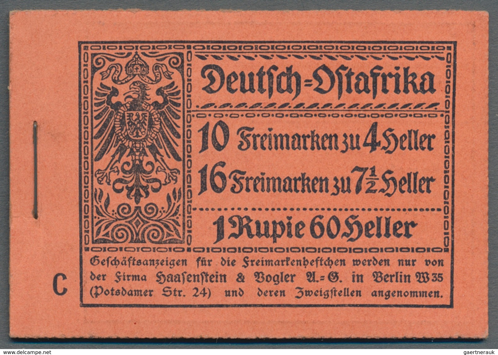 Deutsch-Ostafrika - Markenheftchen: 1913, 1 Rupie 60 Heller Markenheftchen Mit Kennbuchstaben "C", E - German East Africa