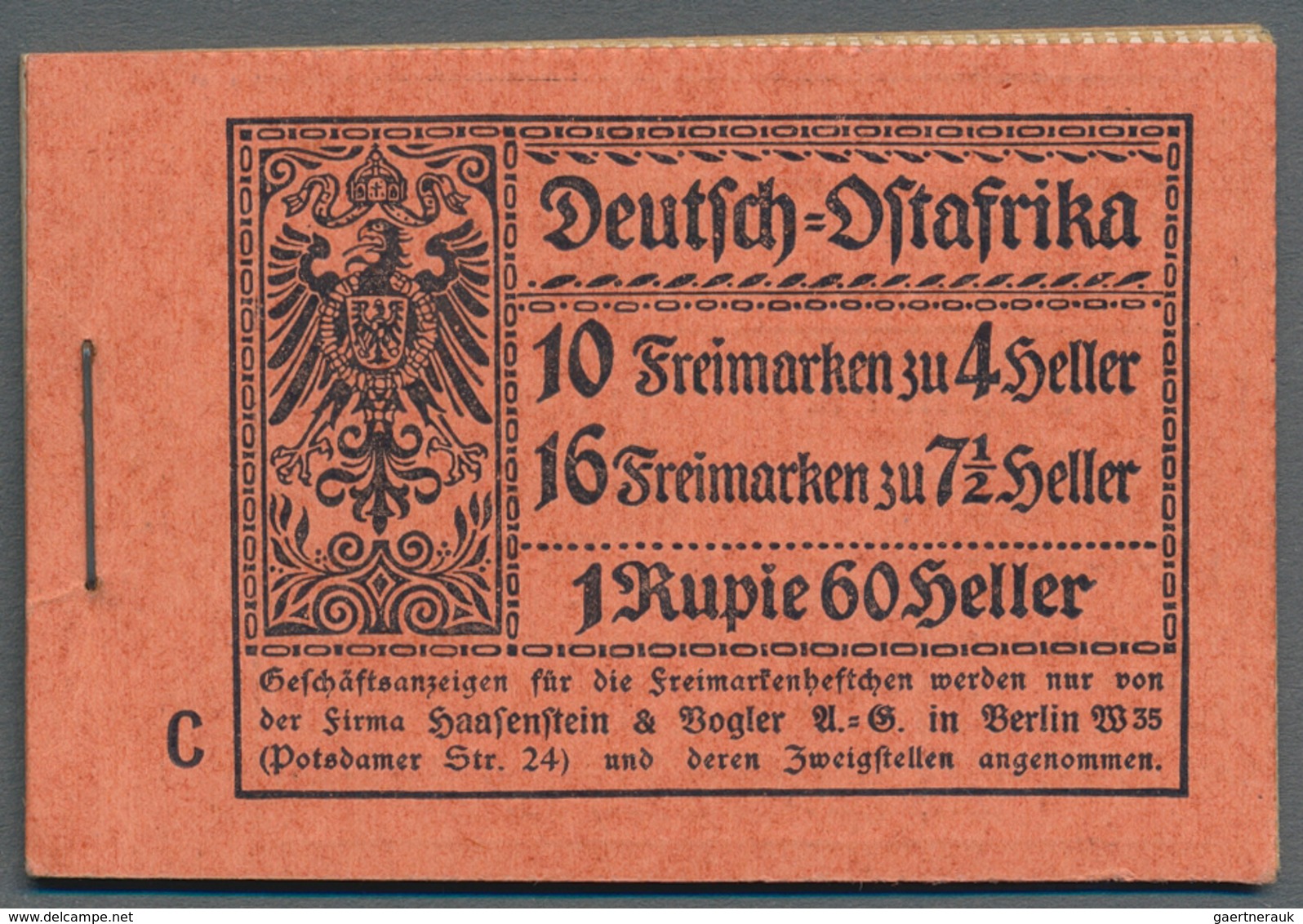 Deutsch-Ostafrika - Markenheftchen: 1913, 1 Rupie 60 Heller Markenheftchen Mit Kennbuchstaben "C", E - German East Africa