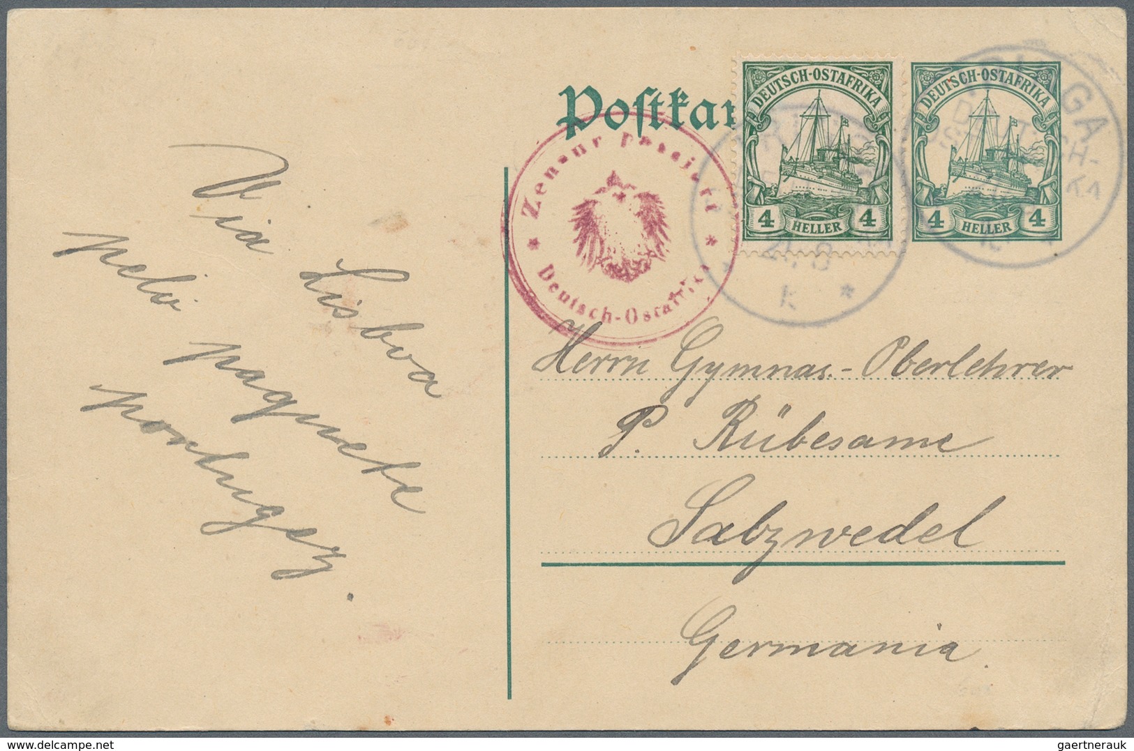 Deutsch-Ostafrika - Ganzsachen: 1915. German East Africa Postal Stationery Card 4 Heller Green Upgra - Afrique Orientale